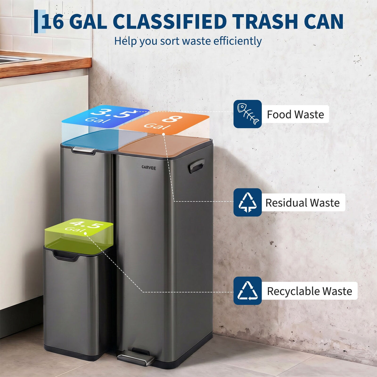 Garvee 16 gal 3 Compartment Trash Can, 3-in-1 Stainless Steel Garbage Can with Soft-Close Lid, Removable Inner Buckets