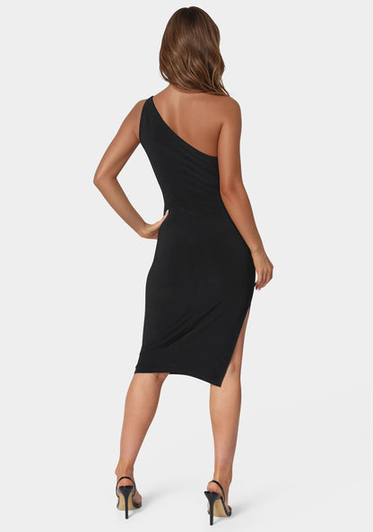 Jersey One Shoulder Midi With Gold Trim