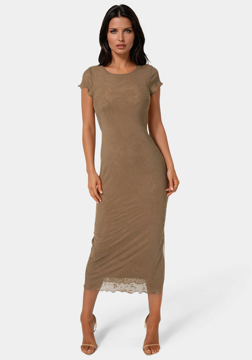 Flocking Mesh T-Shirt Maxi Dress