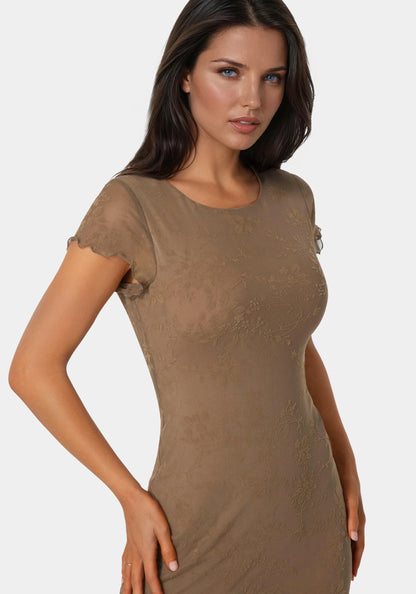 Flocking Mesh T-Shirt Maxi Dress