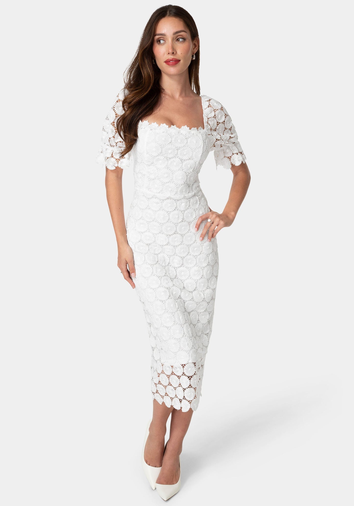 Eyelet Elbow Sleeve Midi Dress