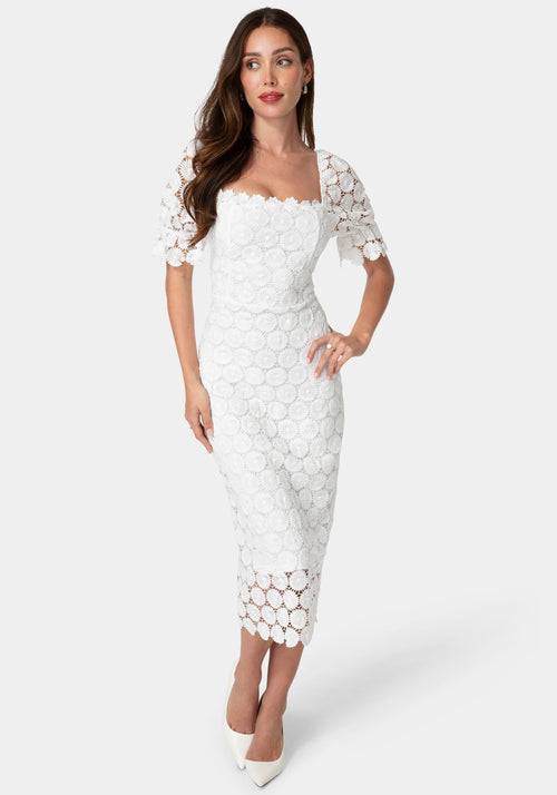 Eyelet Elbow Sleeve Midi Dress