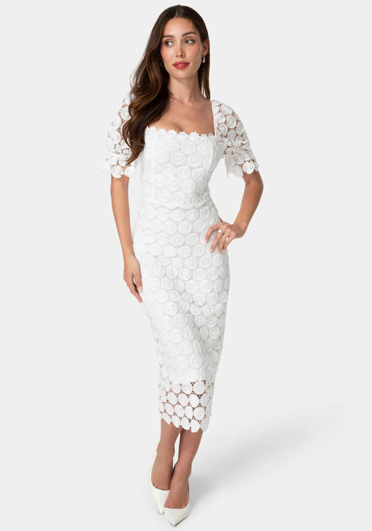 Eyelet Elbow Sleeve Midi Dress