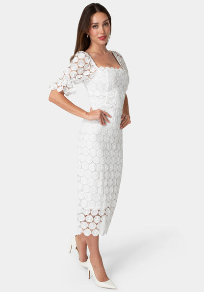 Eyelet Elbow Sleeve Midi Dress