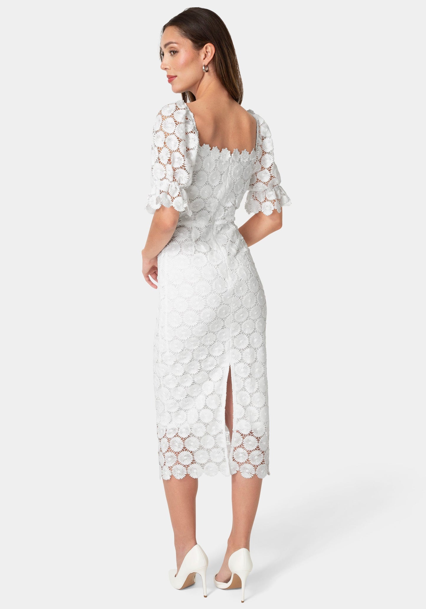 Eyelet Elbow Sleeve Midi Dress