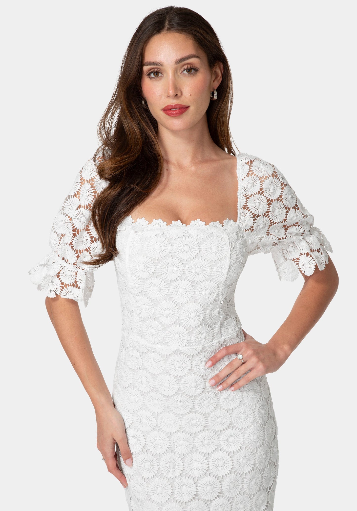Eyelet Elbow Sleeve Midi Dress