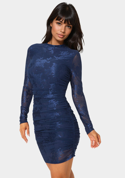 Jacquard Mesh Long Sleeve Shirred Dress