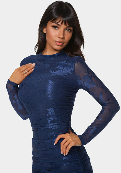 Jacquard Mesh Long Sleeve Shirred Dress