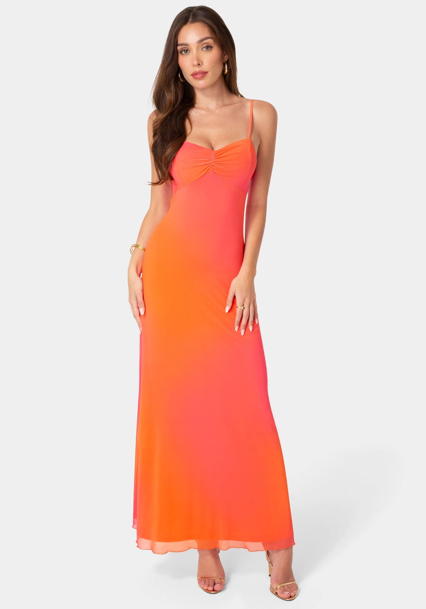 Printed Mesh Drape Back Maxi Dress