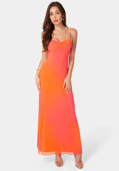 Printed Mesh Drape Back Maxi Dress