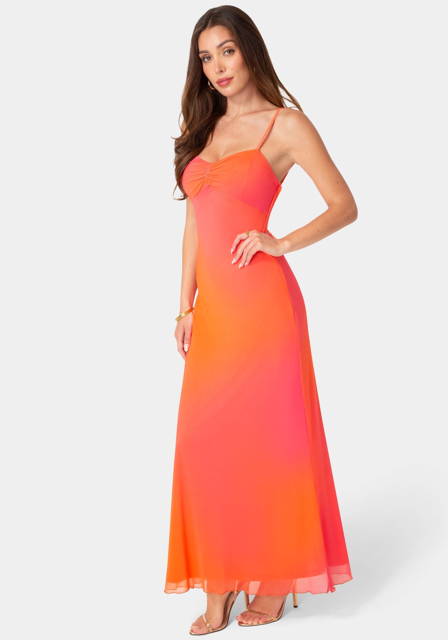 Printed Mesh Drape Back Maxi Dress