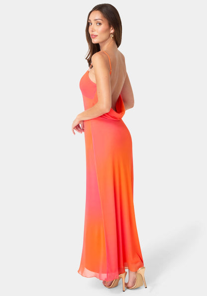 Printed Mesh Drape Back Maxi Dress