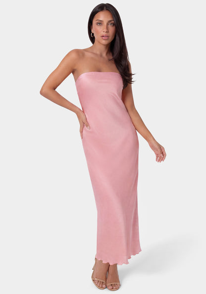 Crushed Satin Strapless Maxi Dress