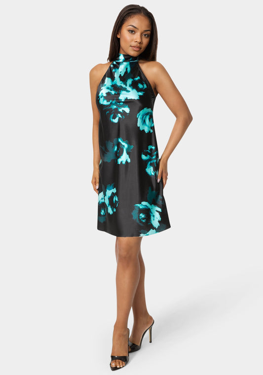 Printed Satin Mock Neck Dress with Bow Back