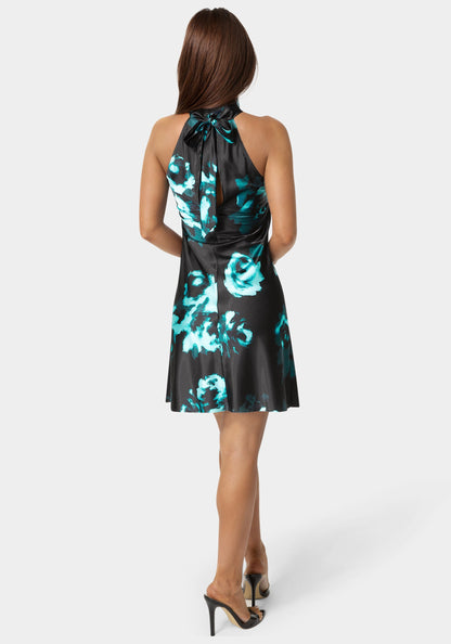 Printed Satin Mock Neck Dress with Bow Back