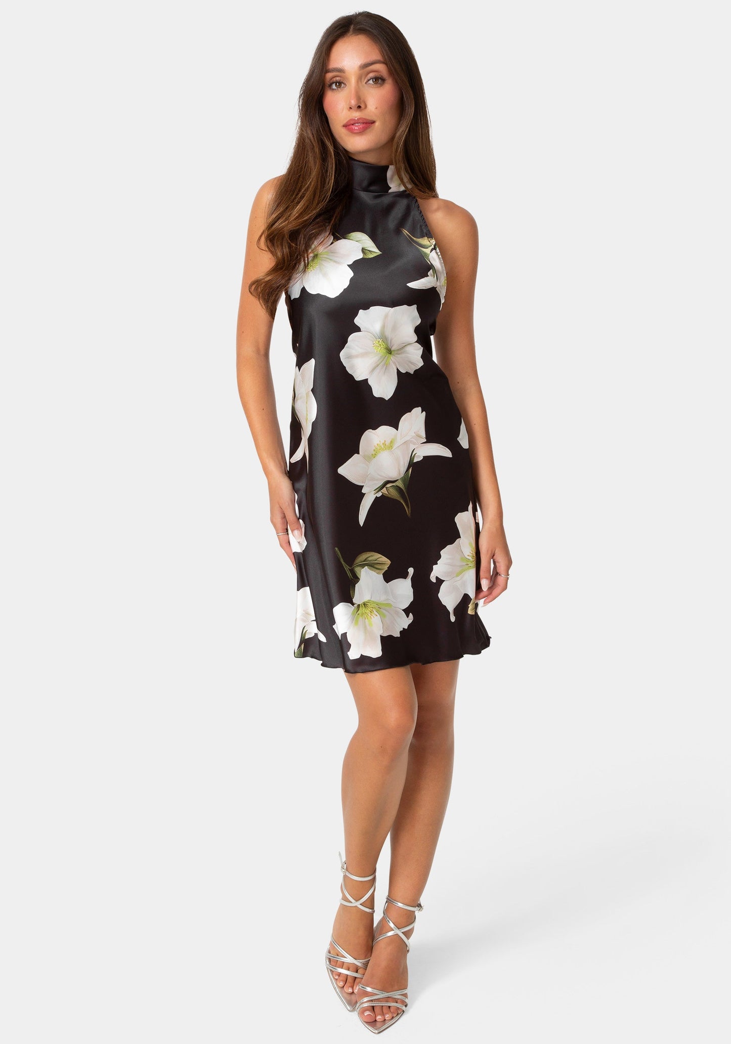 Printed Satin Mock Neck Dress with Bow Back