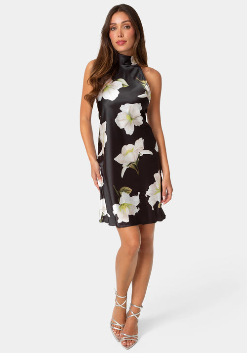 Printed Satin Mock Neck Dress with Bow Back