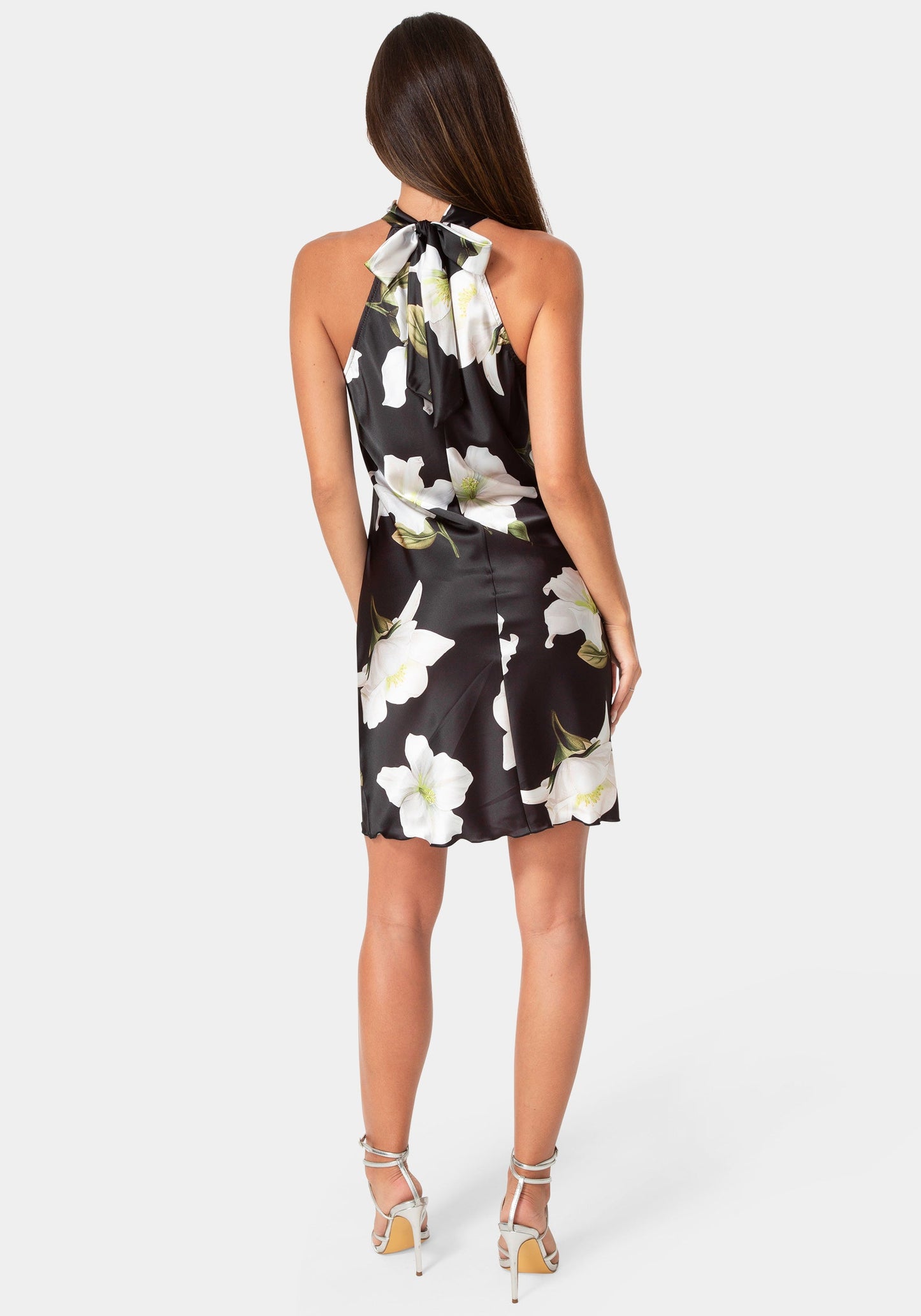 Printed Satin Mock Neck Dress with Bow Back