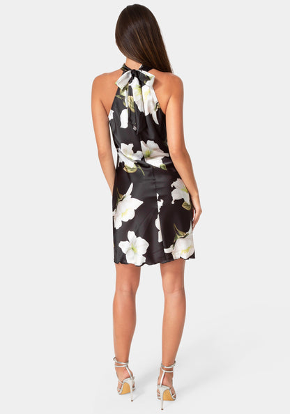 Printed Satin Mock Neck Dress with Bow Back