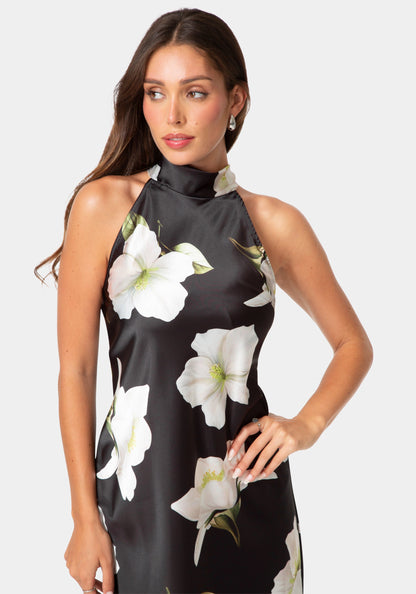 Printed Satin Mock Neck Dress with Bow Back