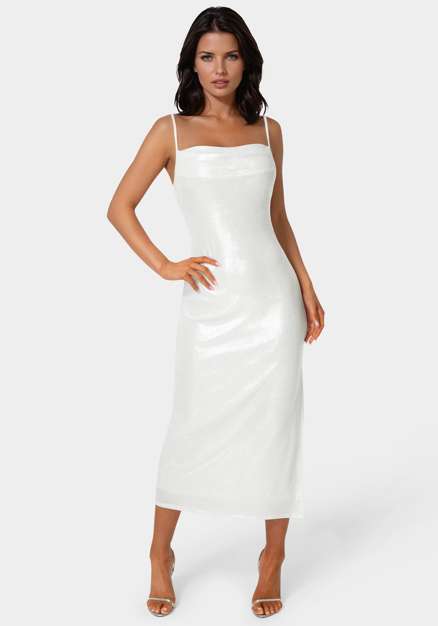 Foil Metallic Slinky Cowl Maxi Dress