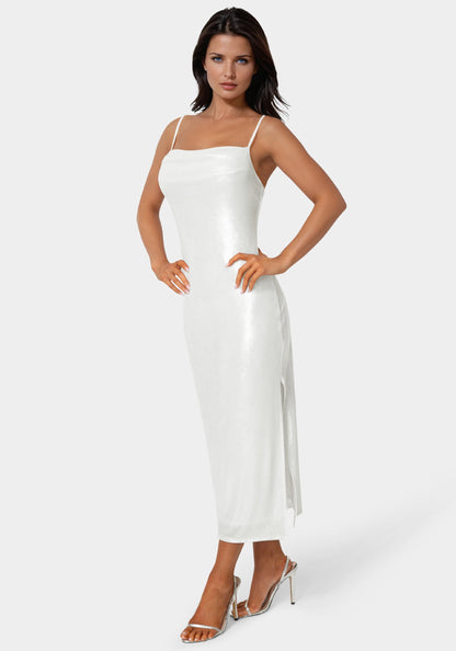 Foil Metallic Slinky Cowl Maxi Dress