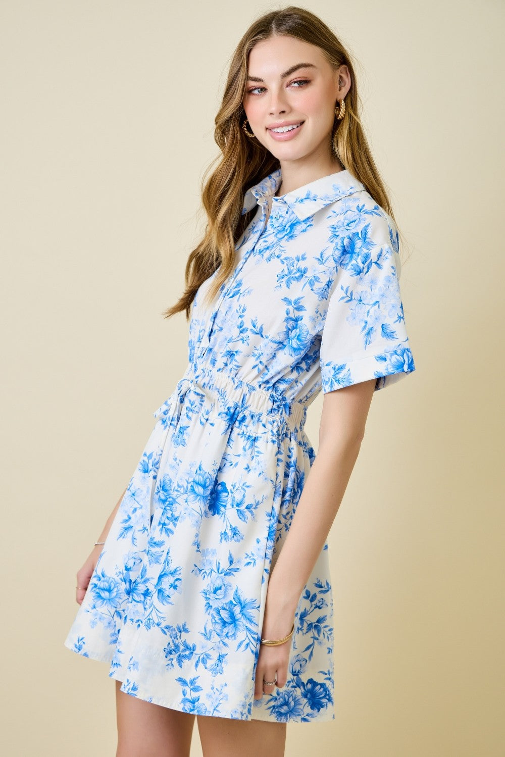 Sybil Short Sleeve Button Down Floral Print Mini Dress Blue