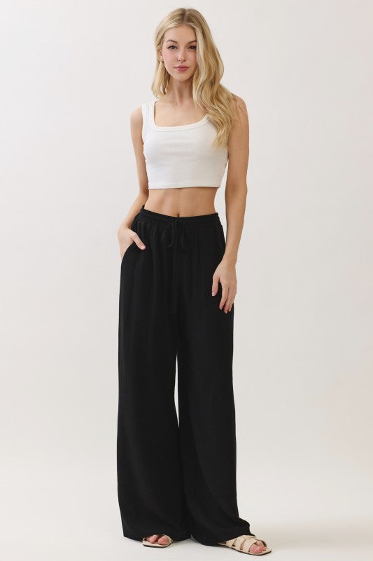 Paris Drawstring Linen Wide Leg Pants Black