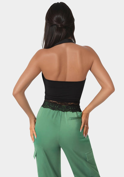 Cowl Neck Lace Layered Halter Top