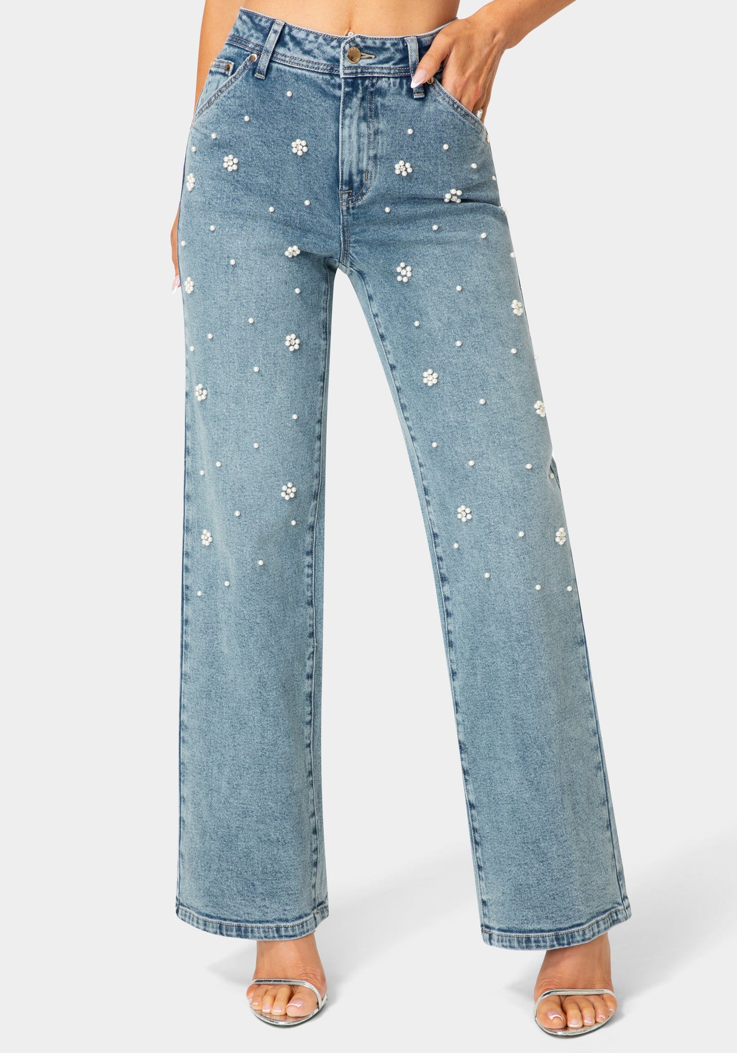 Natural Waist Embellished Wide Leg Jeans