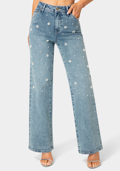 Natural Waist Embellished Wide Leg Jeans