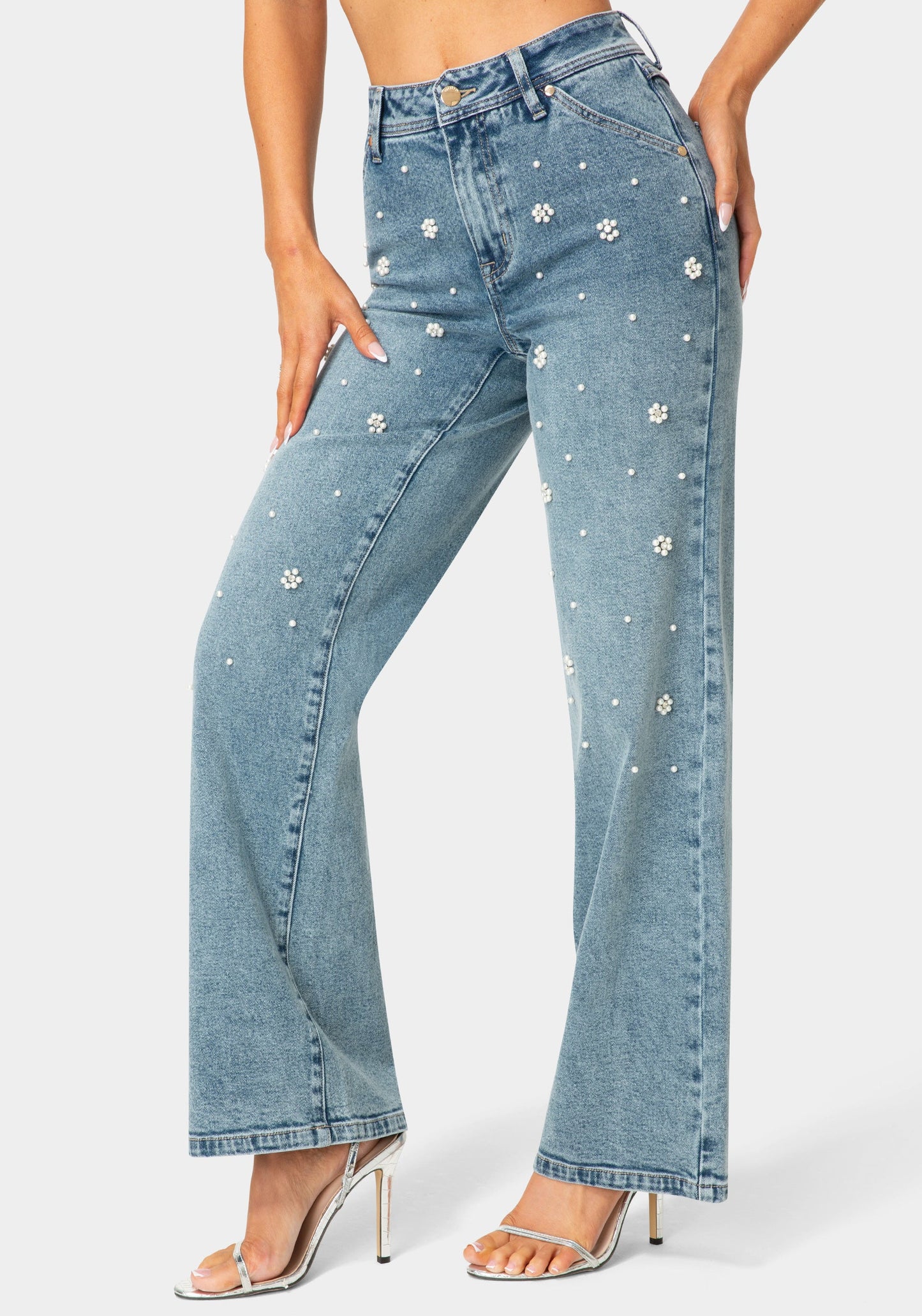 Natural Waist Embellished Wide Leg Jeans