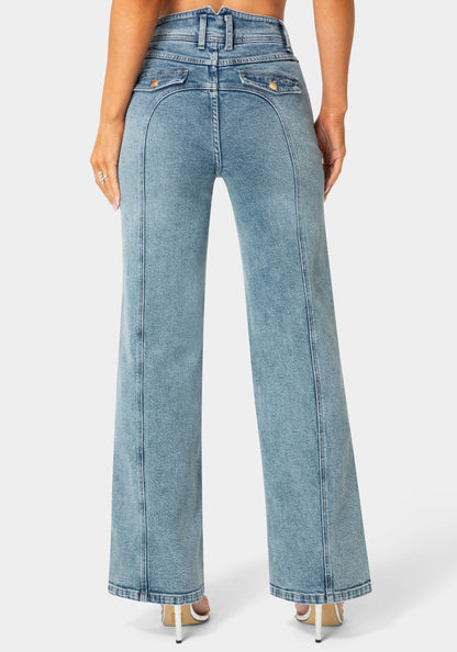 Natural Waist Embellished Wide Leg Jeans