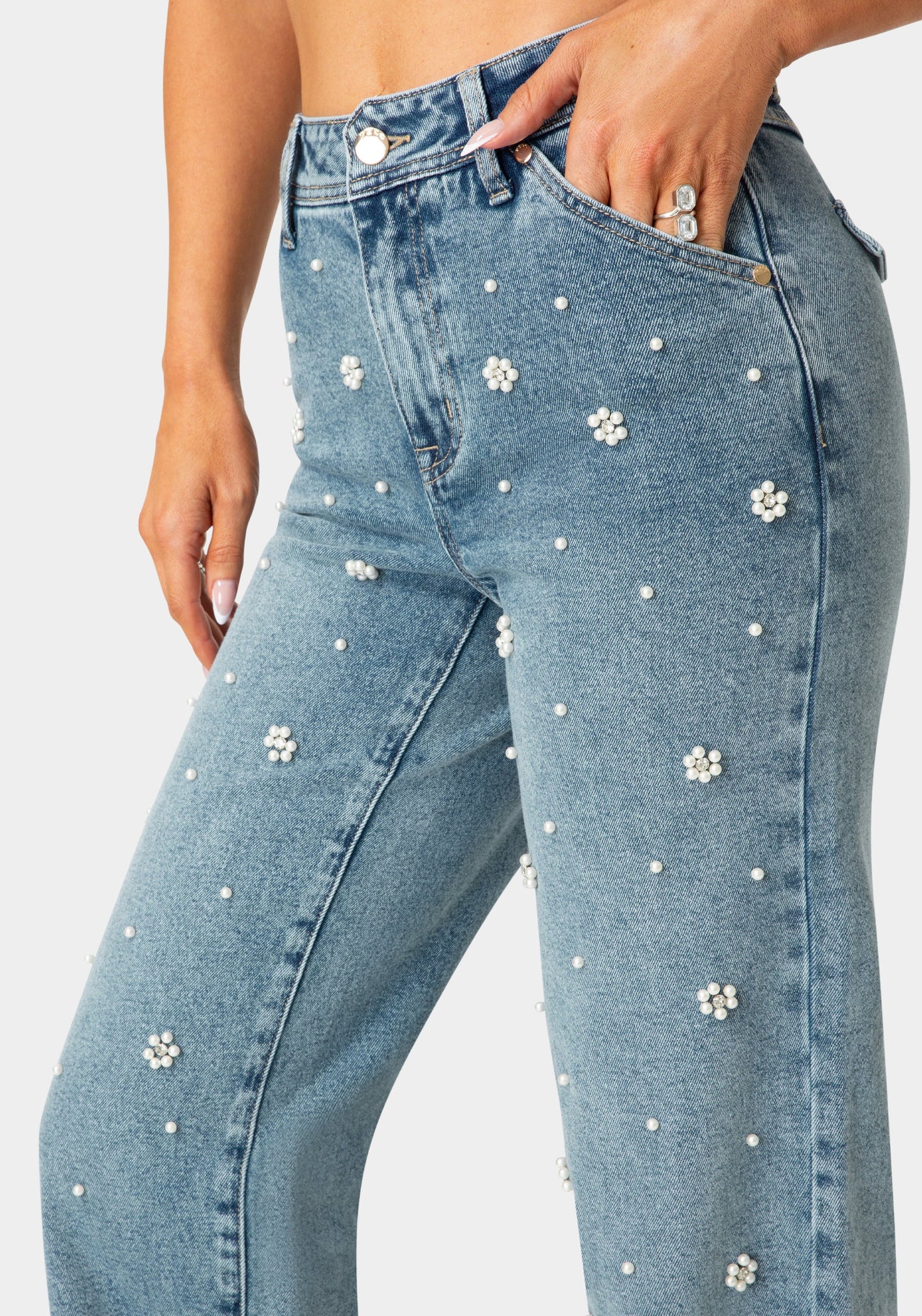 Natural Waist Embellished Wide Leg Jeans