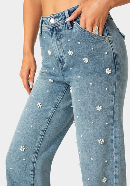 Natural Waist Embellished Wide Leg Jeans