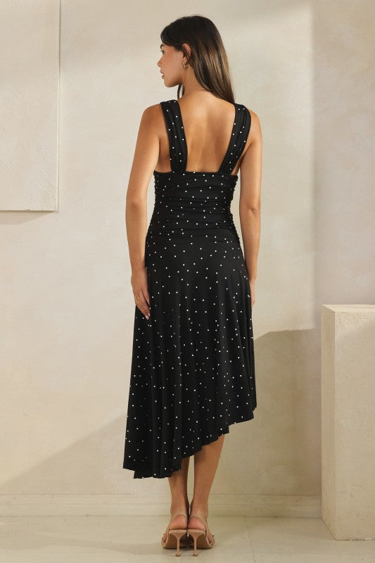 Pippa Sleeveless Asymmetrical Polka Dot Print Midi Dress Black