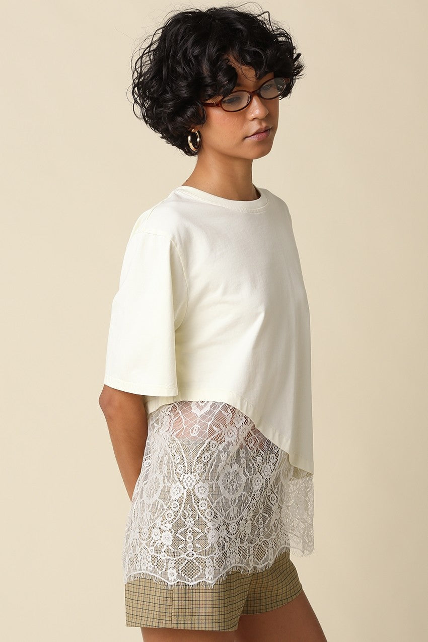 Waitlist 8/5 • Portia Short Sleeve Asymmetrical Lace Top Cream