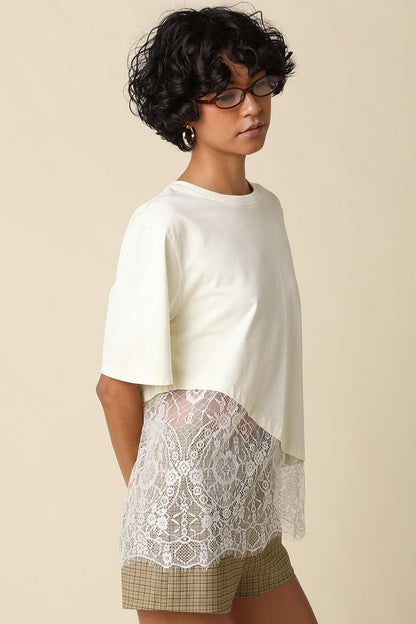 Waitlist 8/5 • Portia Short Sleeve Asymmetrical Lace Top Cream