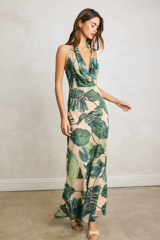 Jules Sleeveless Halter Open Back Tropical Print Maxi Dress Green