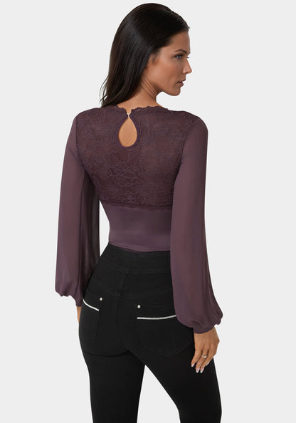 Lace Chiffon Long Sleeve Bodysuit