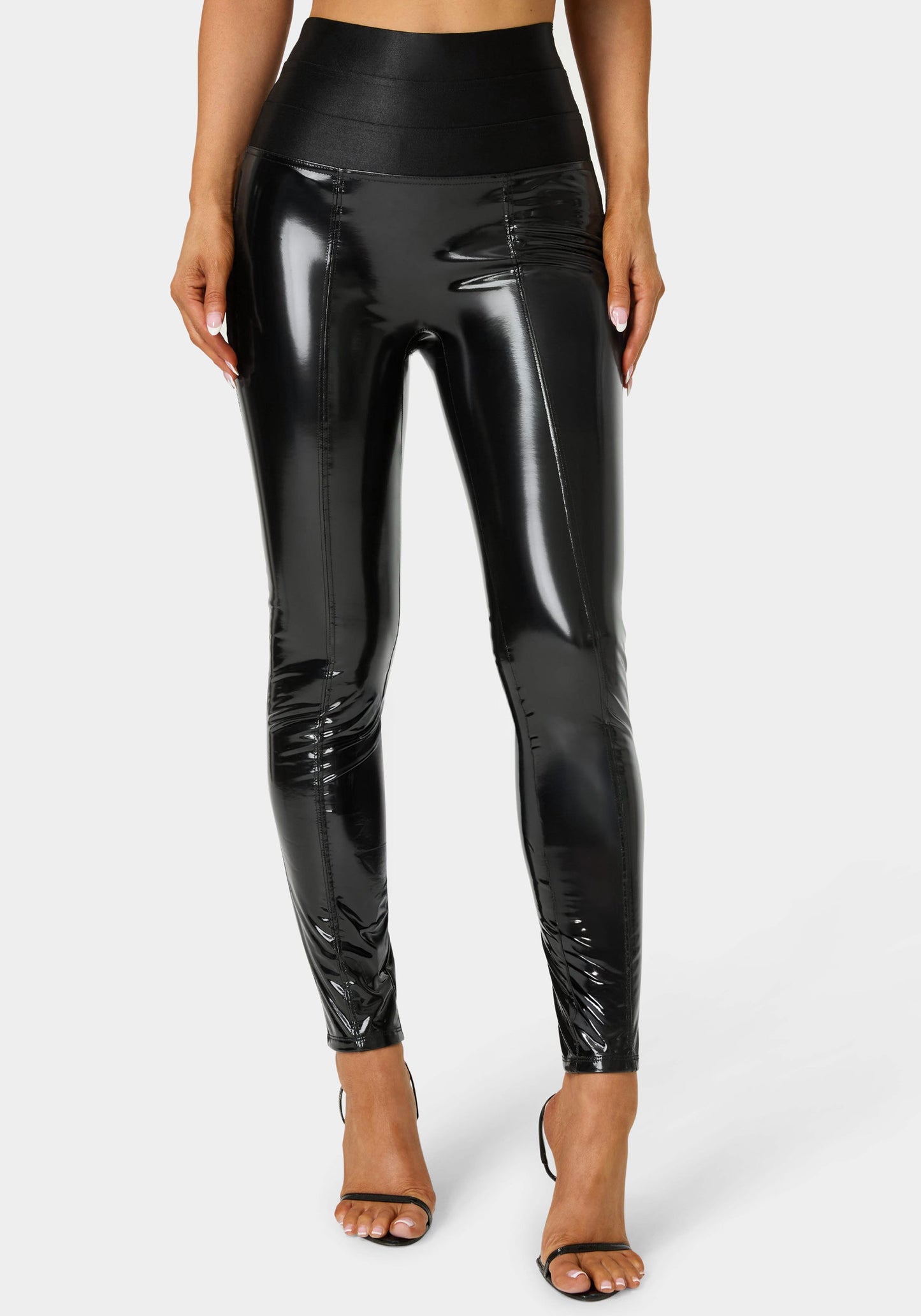High Waist Elastic Waistband Shiny Vegan Leather Legging