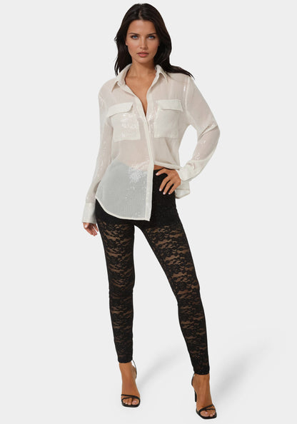 High Waist Embellished Stretch Lace Legging