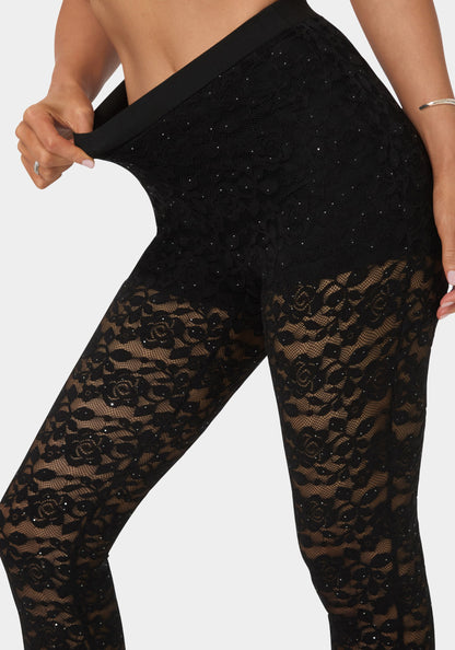 High Waist Embellished Stretch Lace Legging
