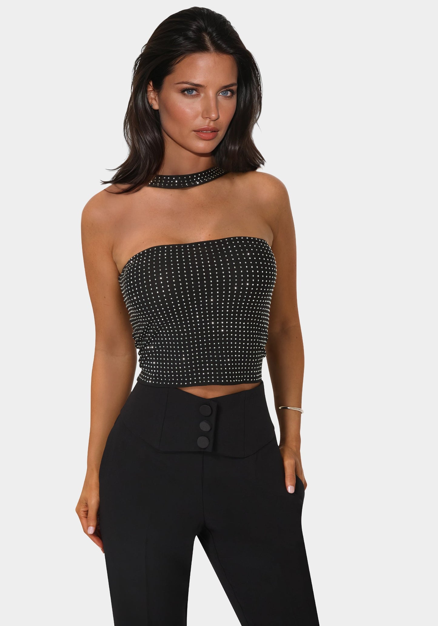 Rhinestone Mesh Halter Top