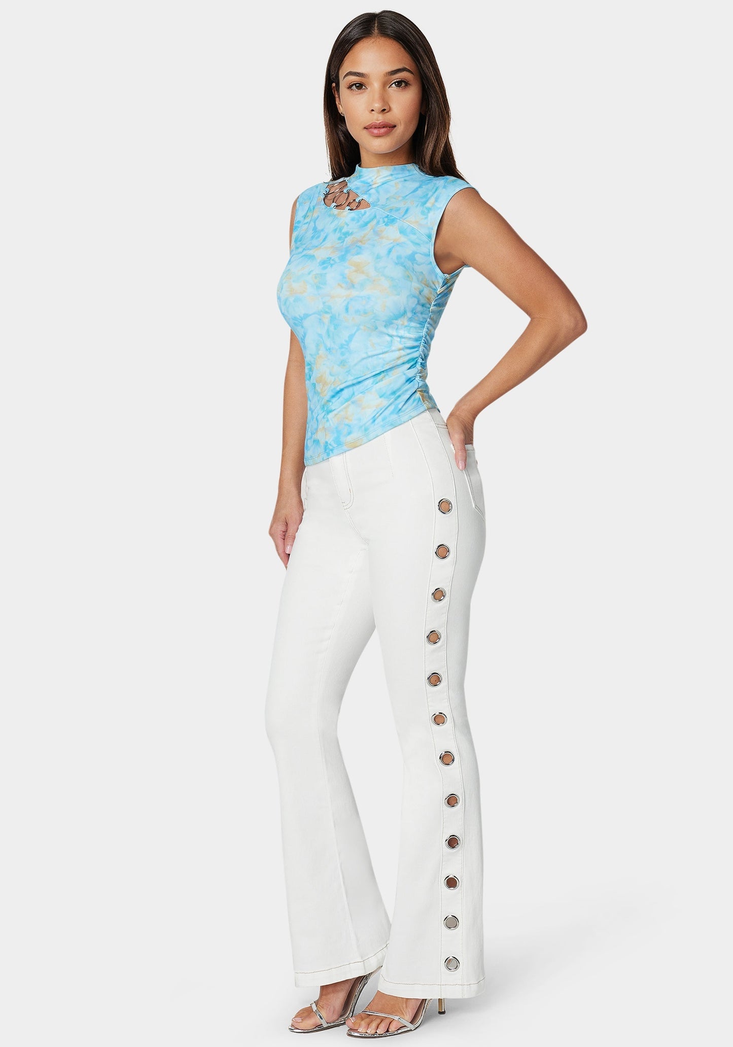 White High Waist Flared Grommet Jeans