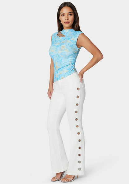 White High Waist Flared Grommet Jeans