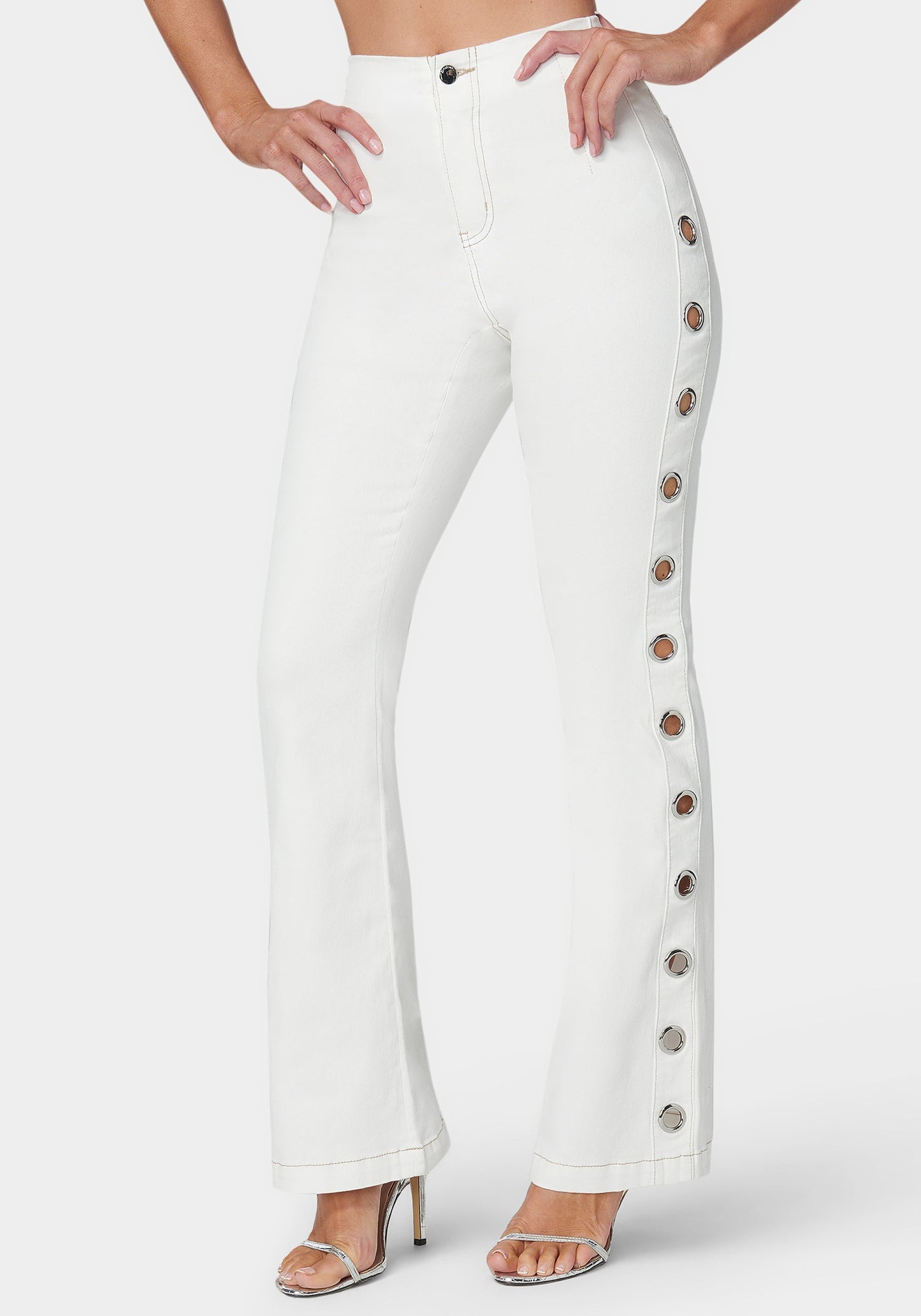 White High Waist Flared Grommet Jeans
