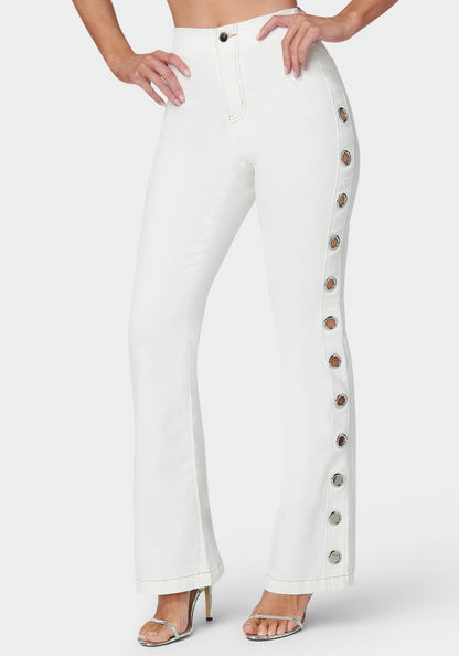 White High Waist Flared Grommet Jeans