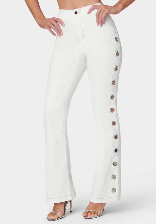 White High Waist Flared Grommet Jeans