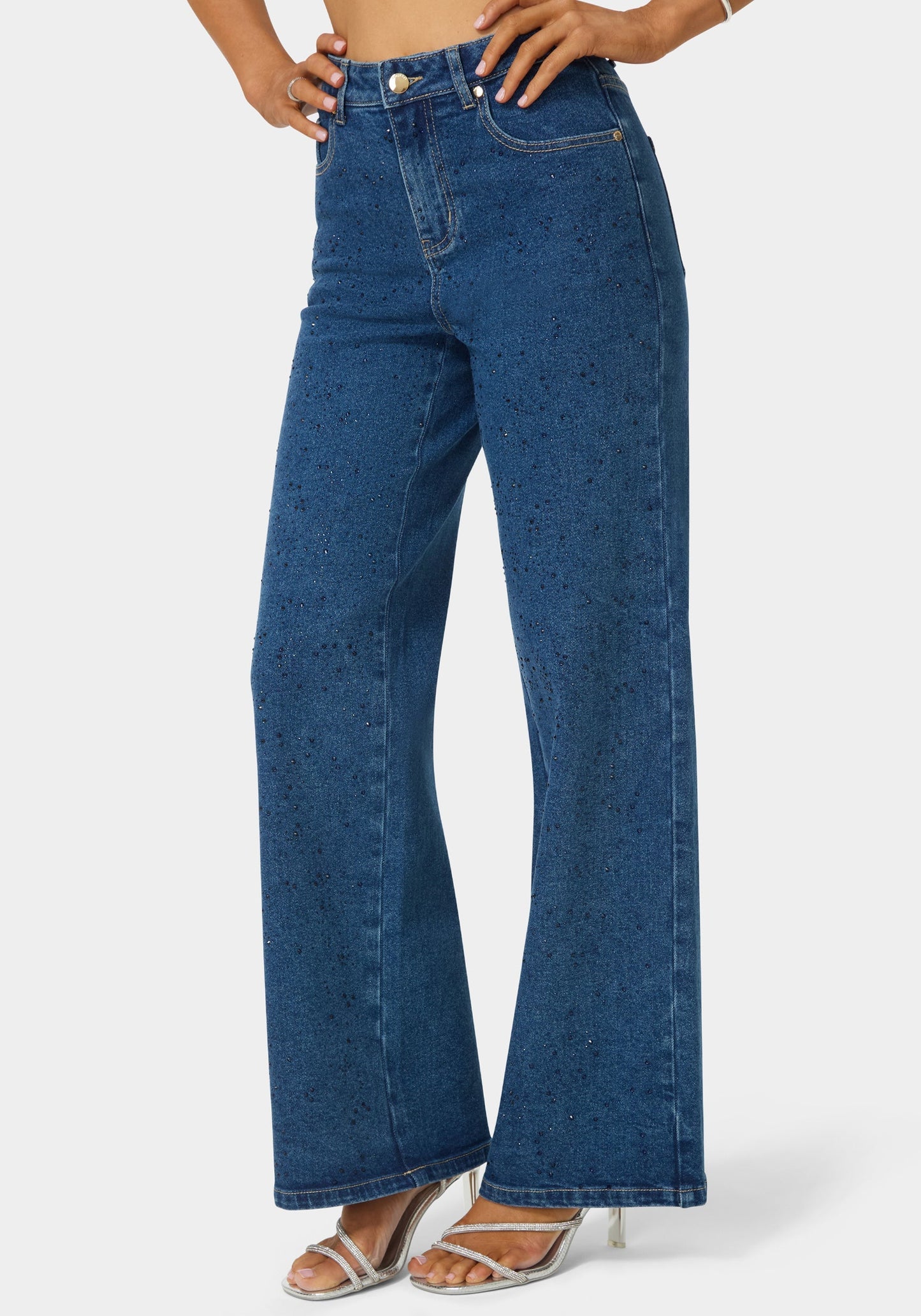 Natural Waist Rhinestone Wide Leg Jeans